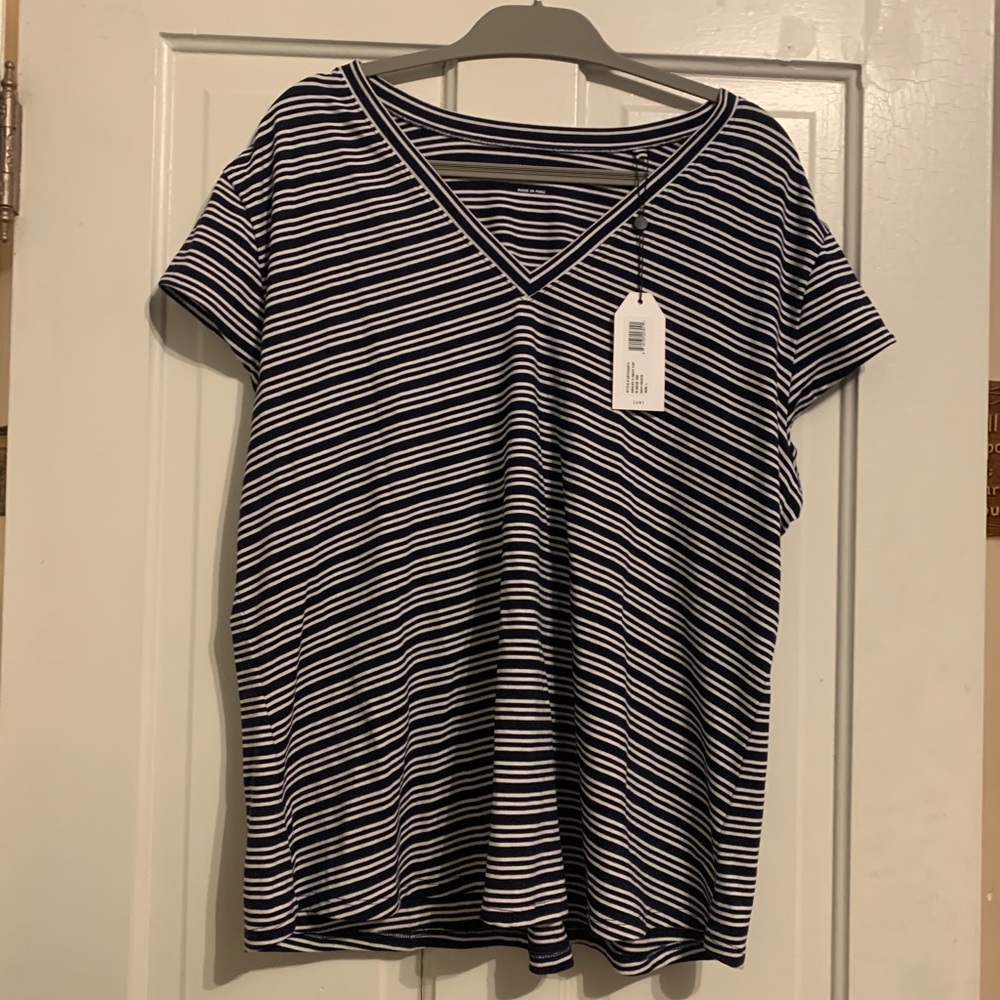 Universal Standard Large L 22-24 Plus Navy White Striped Ashley V Neck Tee New C
